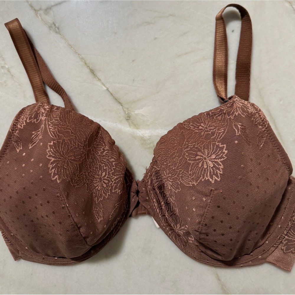 Couture by Cabernet Brown Lace Polka Dot Underwire Bra 36D Floral Mesh Womens